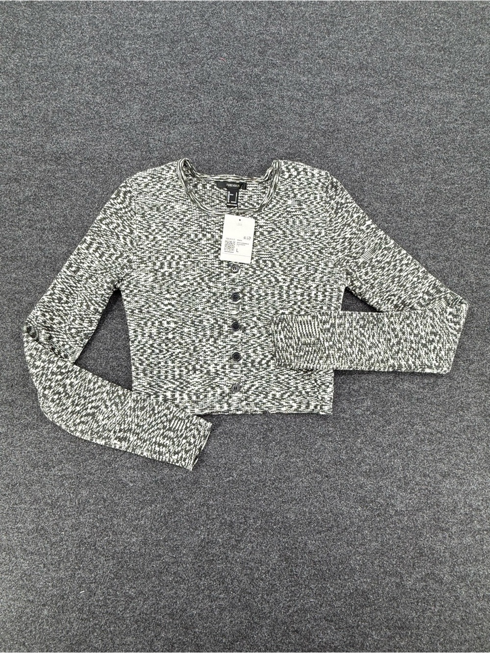 Forever 21 Black & White Marled Cropped Button Cardigan